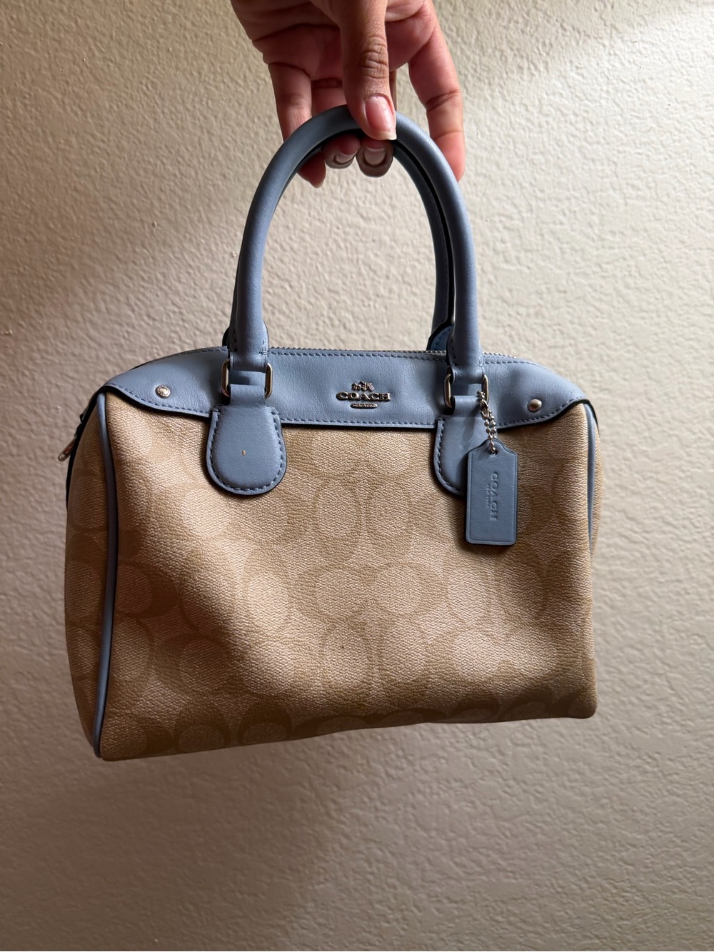 Coach Mini Bennet Satchel with Light Blue Leather Trim (Straps are Light Blue)